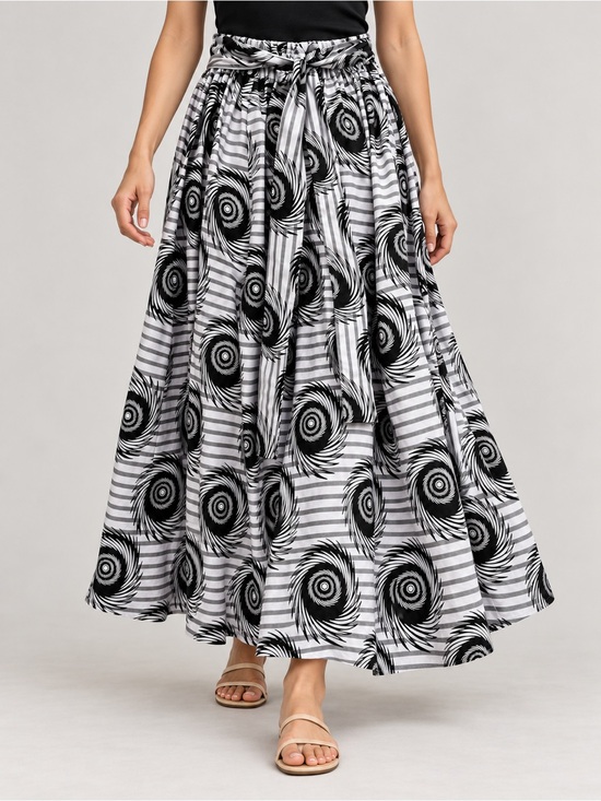 Rainbow Dresses & Skirts - Rainbow One Size Black White Abstract Swirl Maxi Skirt Elastic Waist Tie Belt